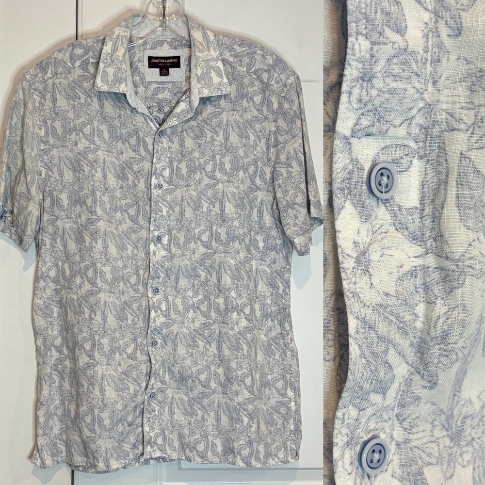 Johnston & Murphy White Blue Tropical Linen Short Sleeve Button Front Shirt M